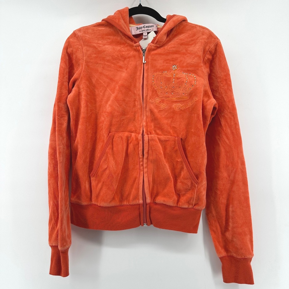 Vtg Juicy Couture Orange Velour Zip Hoodie Rhinestone Crown Graphic Womens Small